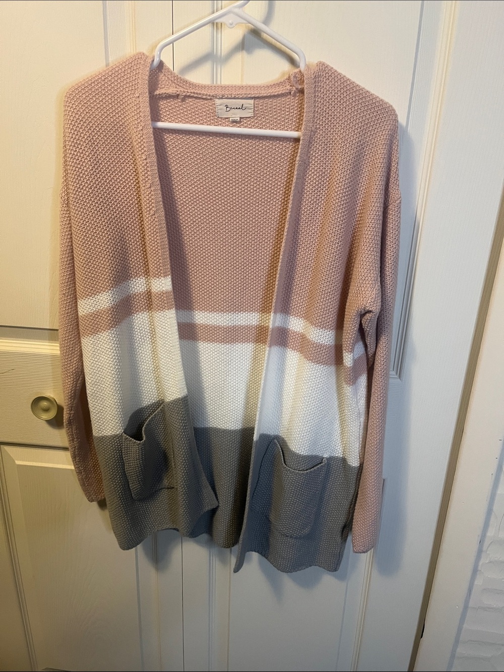 Open-Front Colorblock Cardigan in Dusty Pink, Cream & Gray